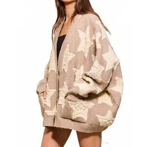 NEW BUCKETLIST oversized star pullover sweater cardigan in taupe multi